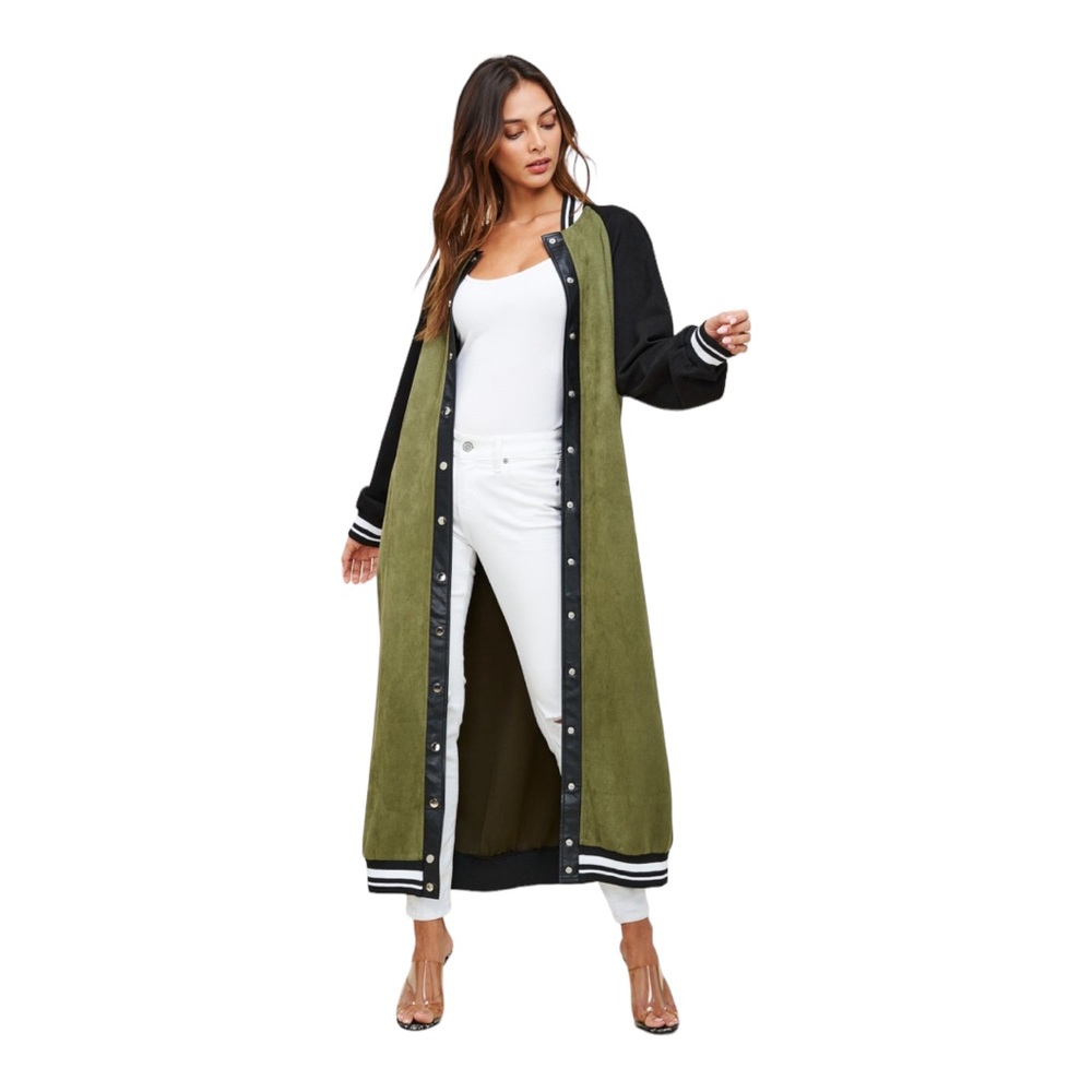 SoNo Chic Varsity Faux Suede Green Maxi Front Snap Jacket - Picture 9 of 14